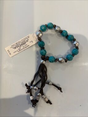 Lucky Brand Turquoise and Silver Beaded Leather Tassel Bracelet